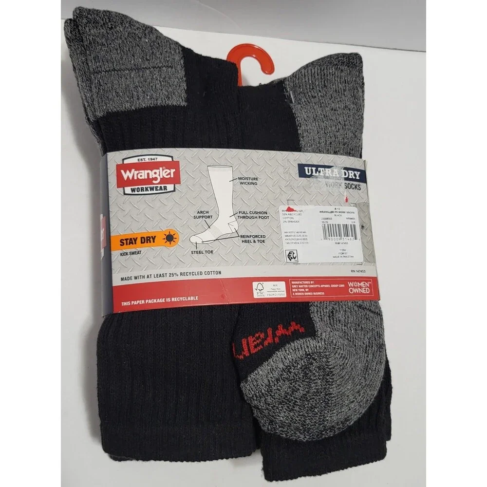 Ultra Dry Work Socks Wrangler Mens Cushion Crew Size 6-12 6 Pair Steel Toe